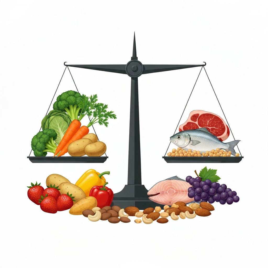 Balanced scale with healthy foods